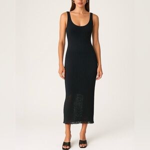 House of Harlow 1960 Black Knit Crochet Fringe Hem Slit Midi Dress Large Party